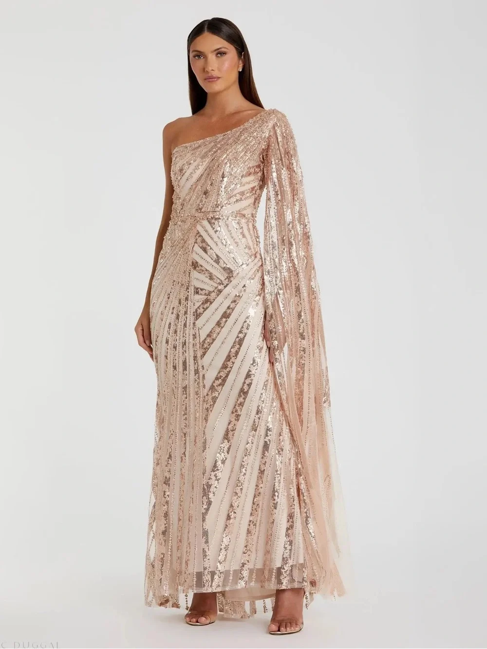 Mac Duggal 20528 Rose Gold One Shoulder Cape Sleeve Embellished Gown Size 14 NWT